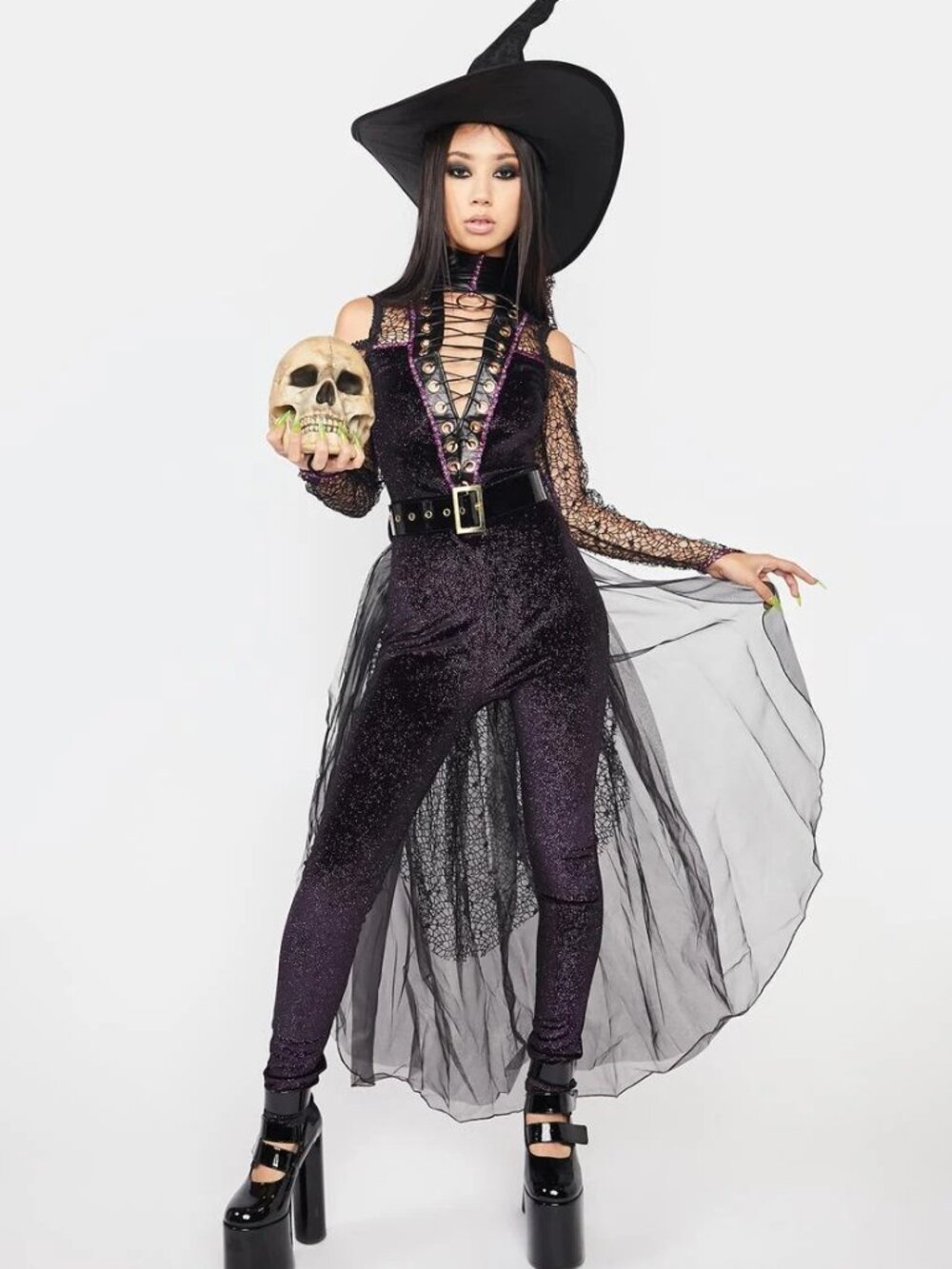 NEW Party King Purple Midnight Witch Costume Sexy laceup Bodysuit w/ bustle hat